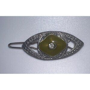Vintage Art Deco Enamel Hair Clip Metal Barrette Rhinestone Olive Green